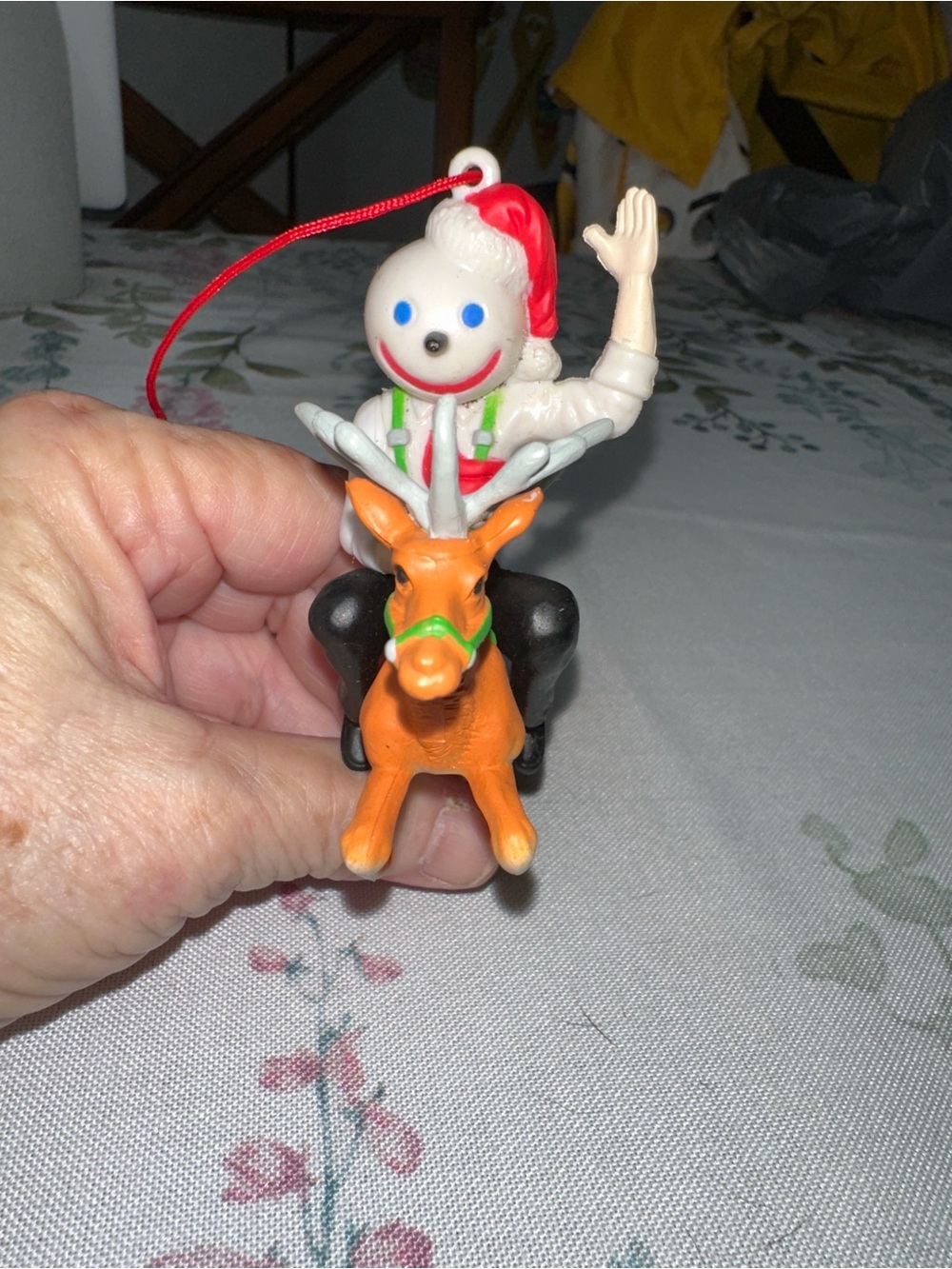 Vintage Jack from Jack in the Box riding reindeer Christmas ornament - 1990s